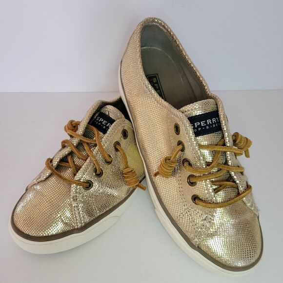 Women's Gold Sperry Topsider Leather Sneakers - Picture 1 of 13